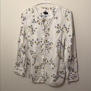 Talbots White Floral Ruffle-Trim Button Blouse